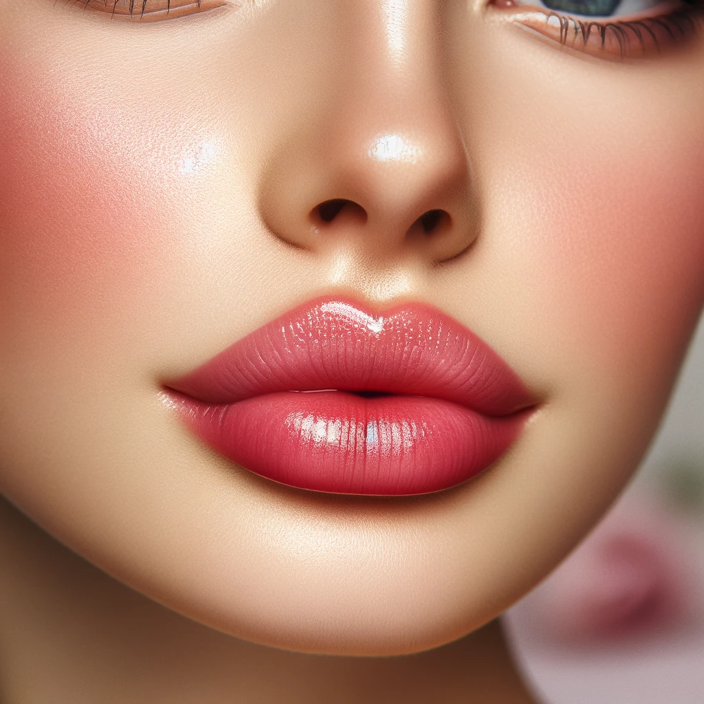 A close up portrait of a woman with luscious full lips. Her lips have a natural rosy pink color giving them a healthy and hydrated appearance. The