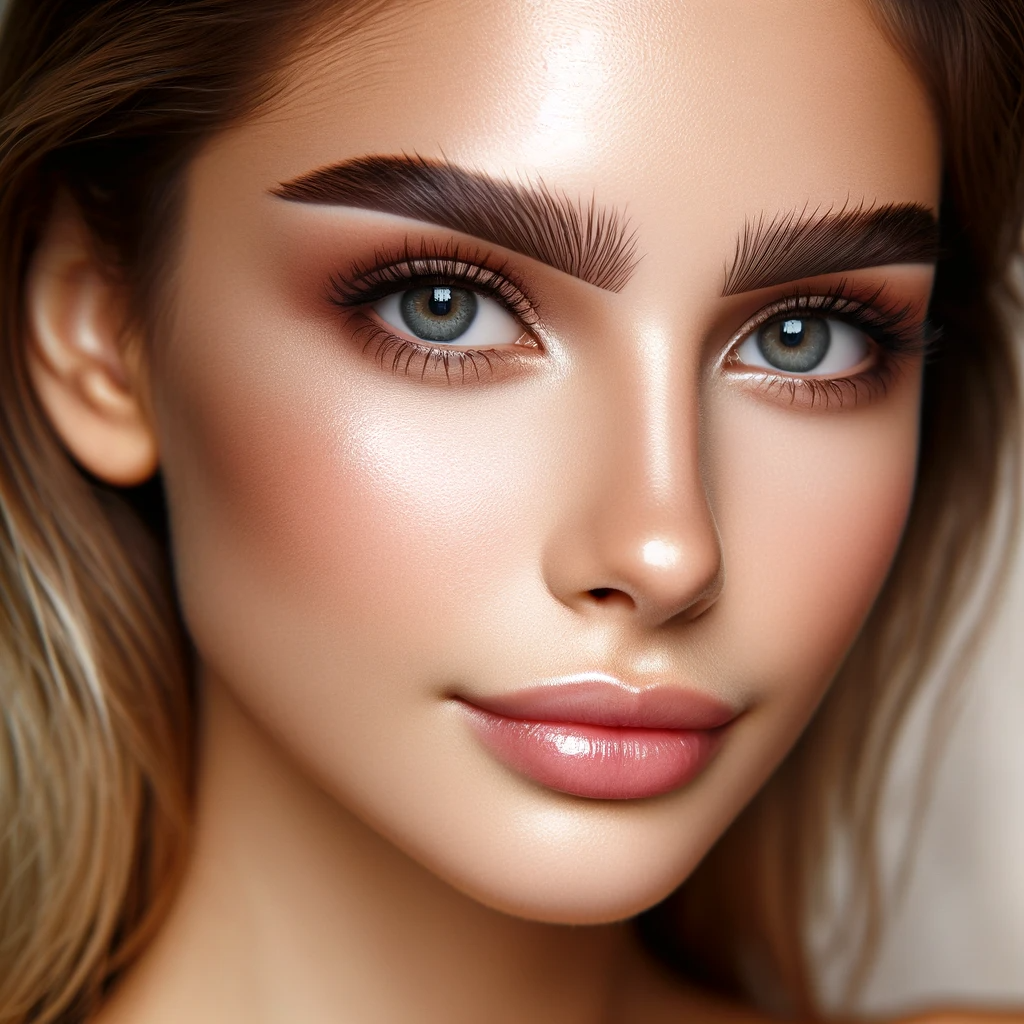 A close up portrait of a woman with stunning ombre eyebrows. Her eyebrows have a gradient effect starting with a lighter shade at the inner corners a