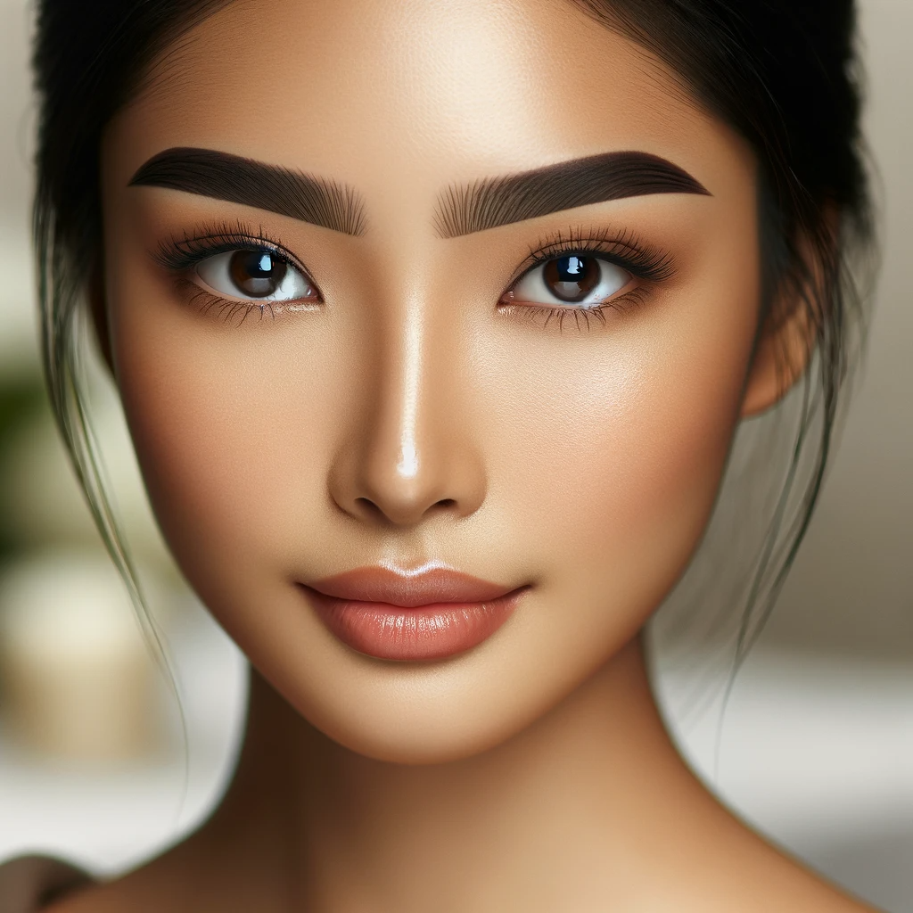 A close up portrait of an Asian woman with perfectly microbladed eyebrows. Her eyebrows are expertly shaped adding definition to her face. The microb
