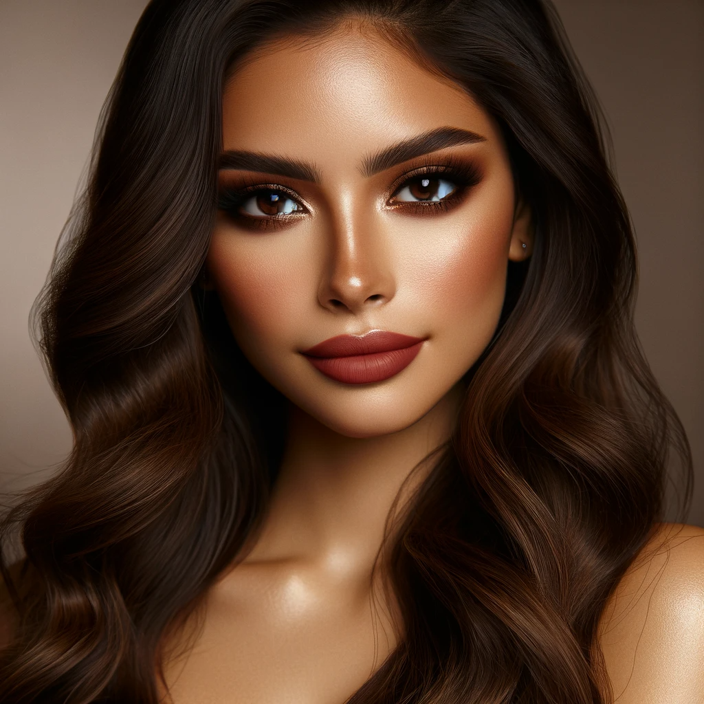 A portrait of a Hispanic woman with beautifully applied makeup. She has a radiant warm complexion with a soft golden glow. Her makeup is skillfully d