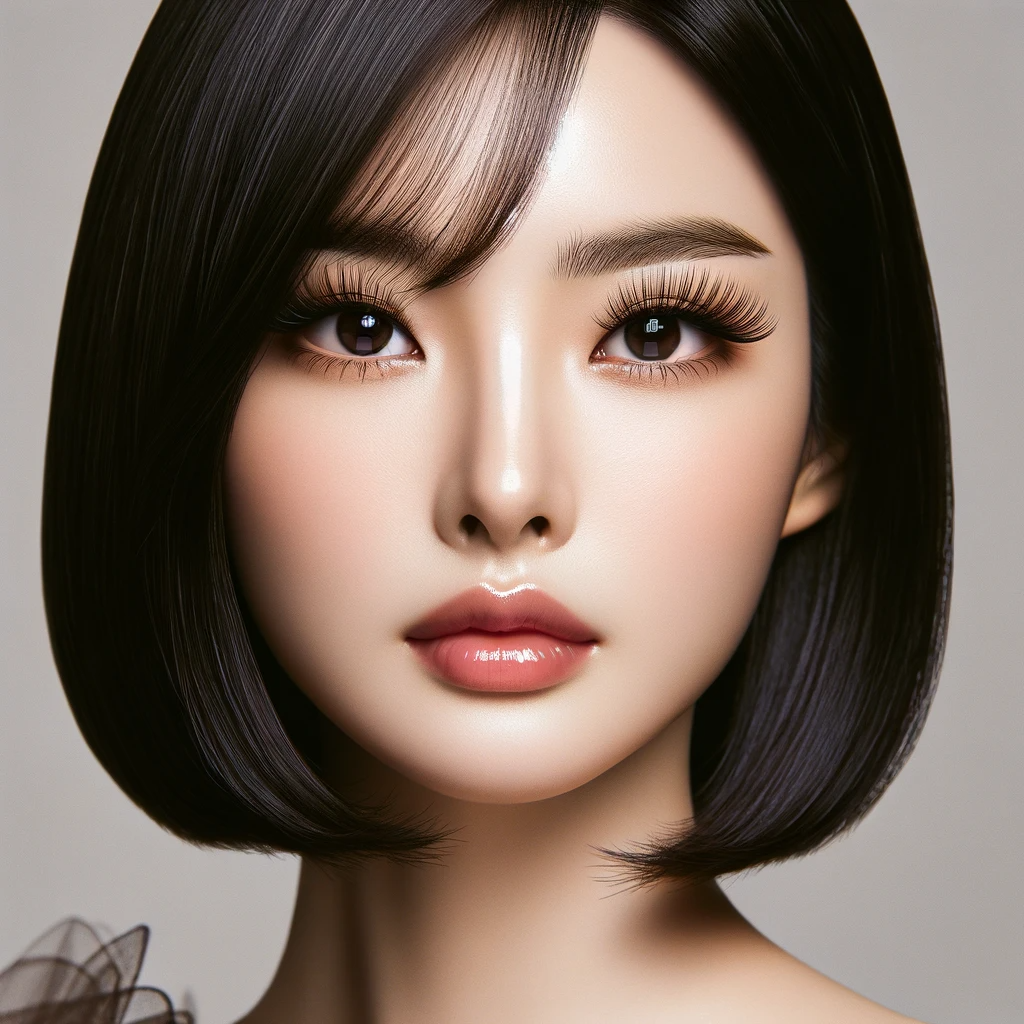 A portrait of a Korean woman with a more trendy hairstyle while maintaining her fuller lips and voluminous eyelashes. Her hair is now styled in a mod