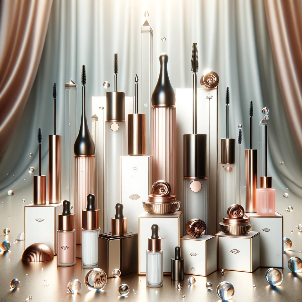 An artistic representation of eyelash serums without any text. The image should feature a variety of elegantly designed eyelash serum bottles each w