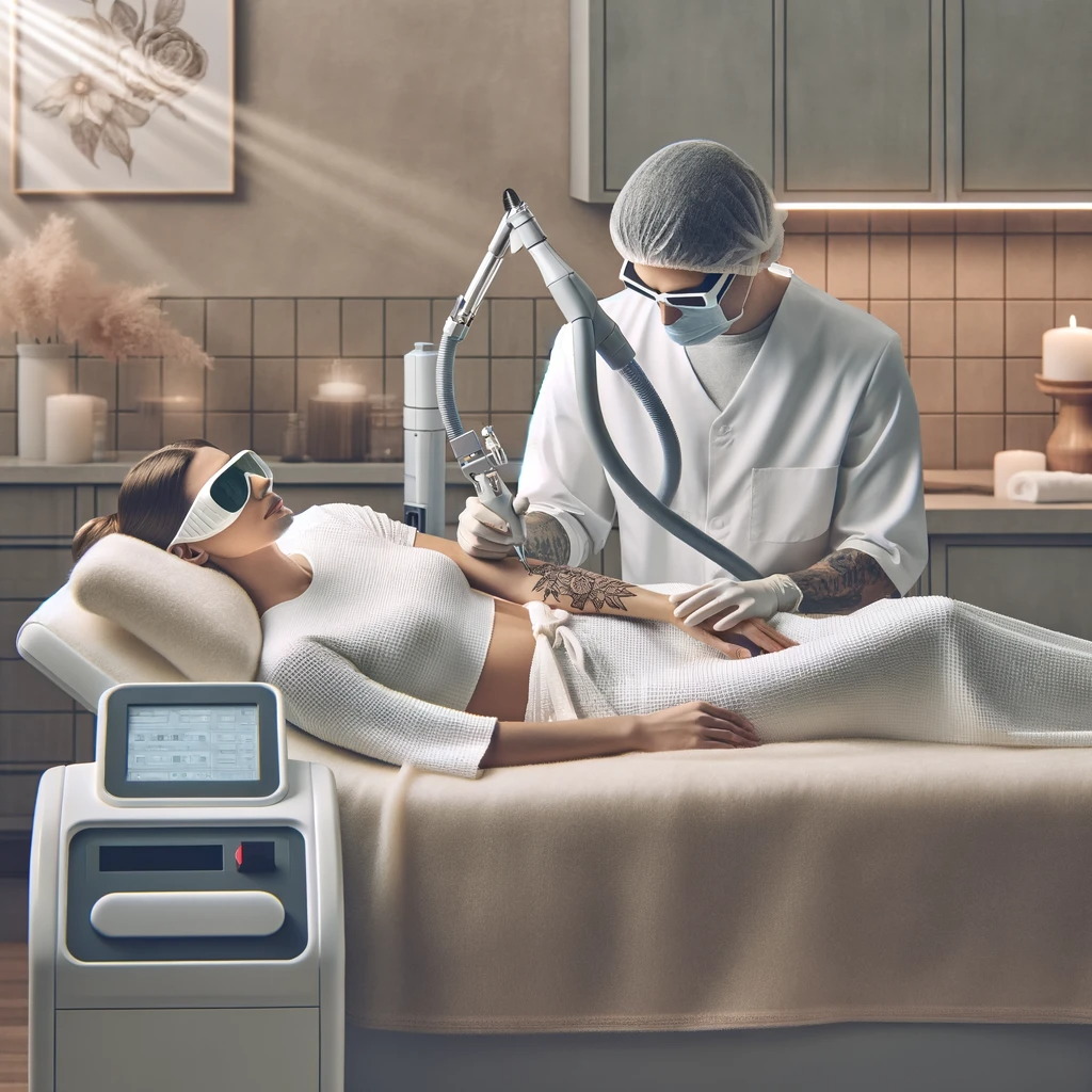 An image depicting a woman undergoing a laser tattoo removal procedure in a spa setting. The setting is serene and professional with a calming ambian