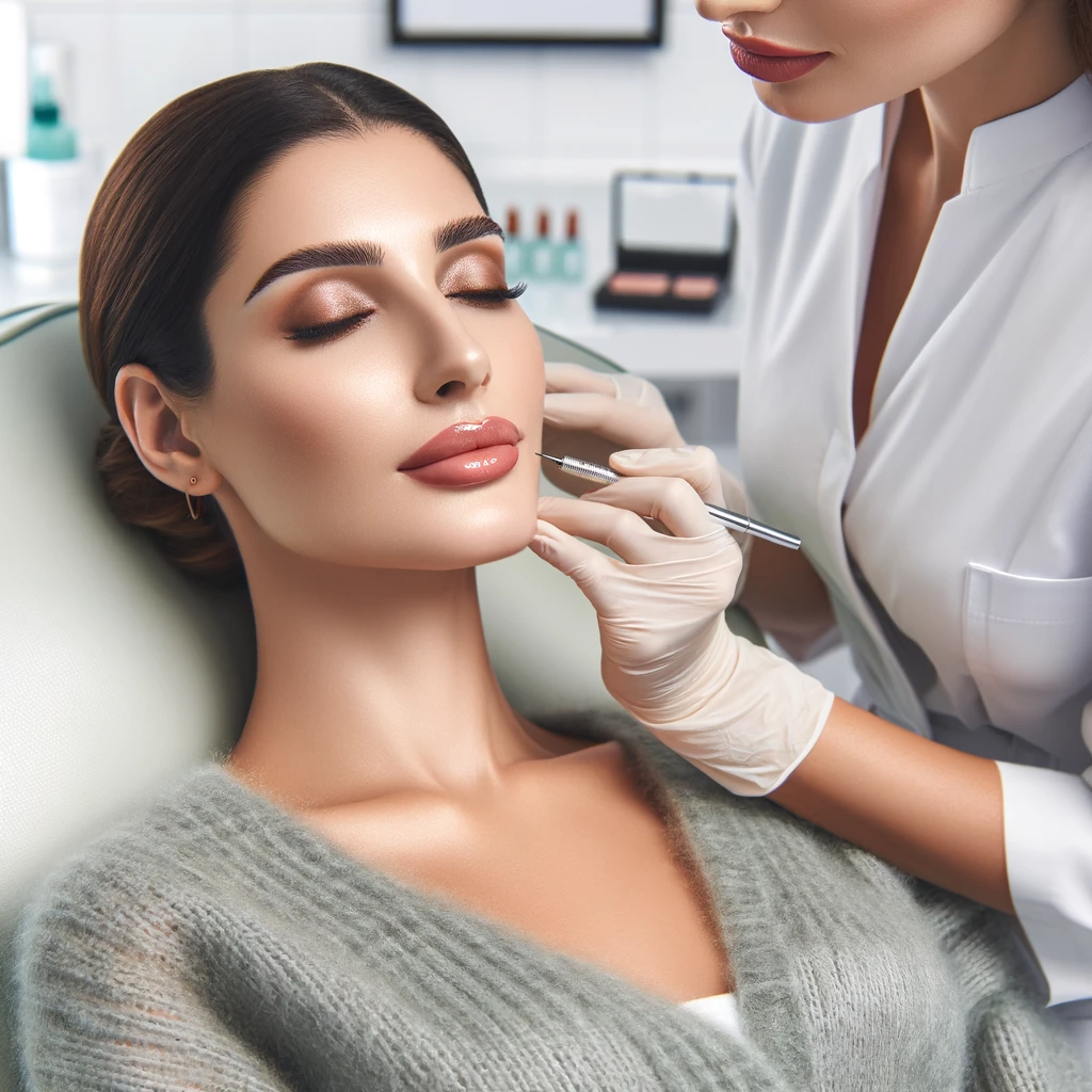 An image depicting a woman undergoing a lip blush procedure in a professional beauty salon or spa. The woman is comfortably seated in a salon chair w