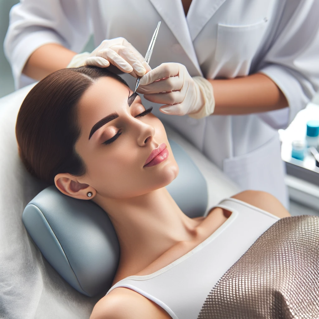 An image depicting a woman undergoing a microblading procedure. The setting is a professional beauty salon or spa. The woman is lying back comfortably