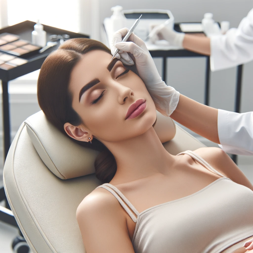 An image depicting a woman undergoing a microshading procedure. The setting is a professional beauty salon or spa. The woman is lying back comfortably