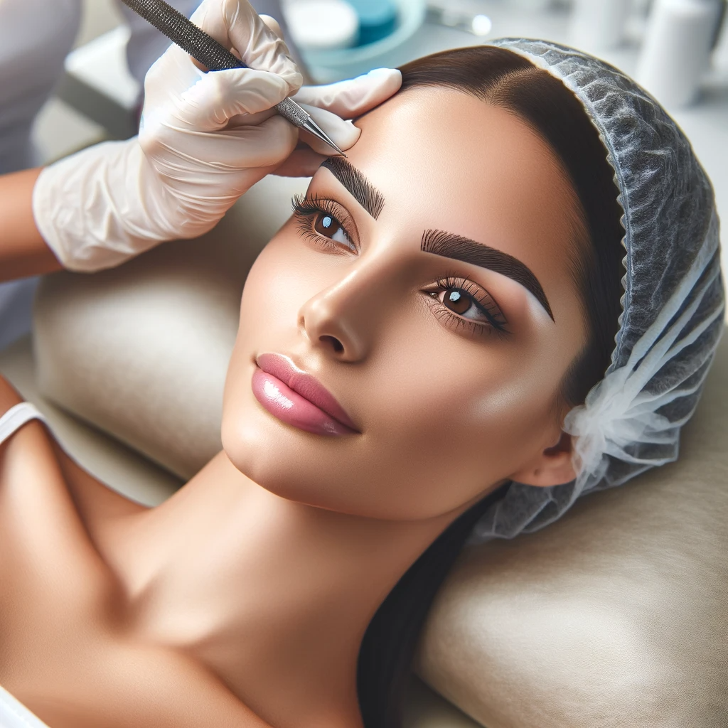 An image of a woman undergoing a microblading procedure. The woman should appear relaxed and comfortable sitting in a professional beauty salon setti