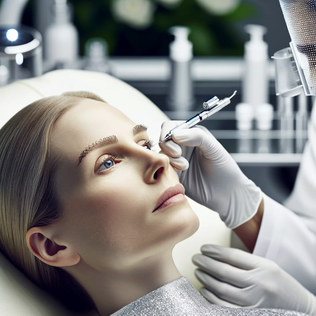 An image of a woman undergoing an eyebrow cosmetic procedure. The woman should be lying down comfortably in a professional beauty clinic setting. A sk 2