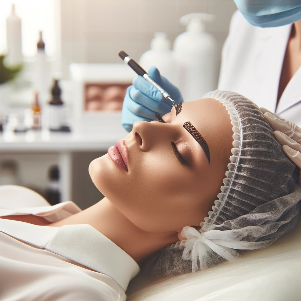 An image of a woman undergoing an eyebrow cosmetic procedure. The woman should be lying down comfortably in a professional beauty clinic setting. A sk