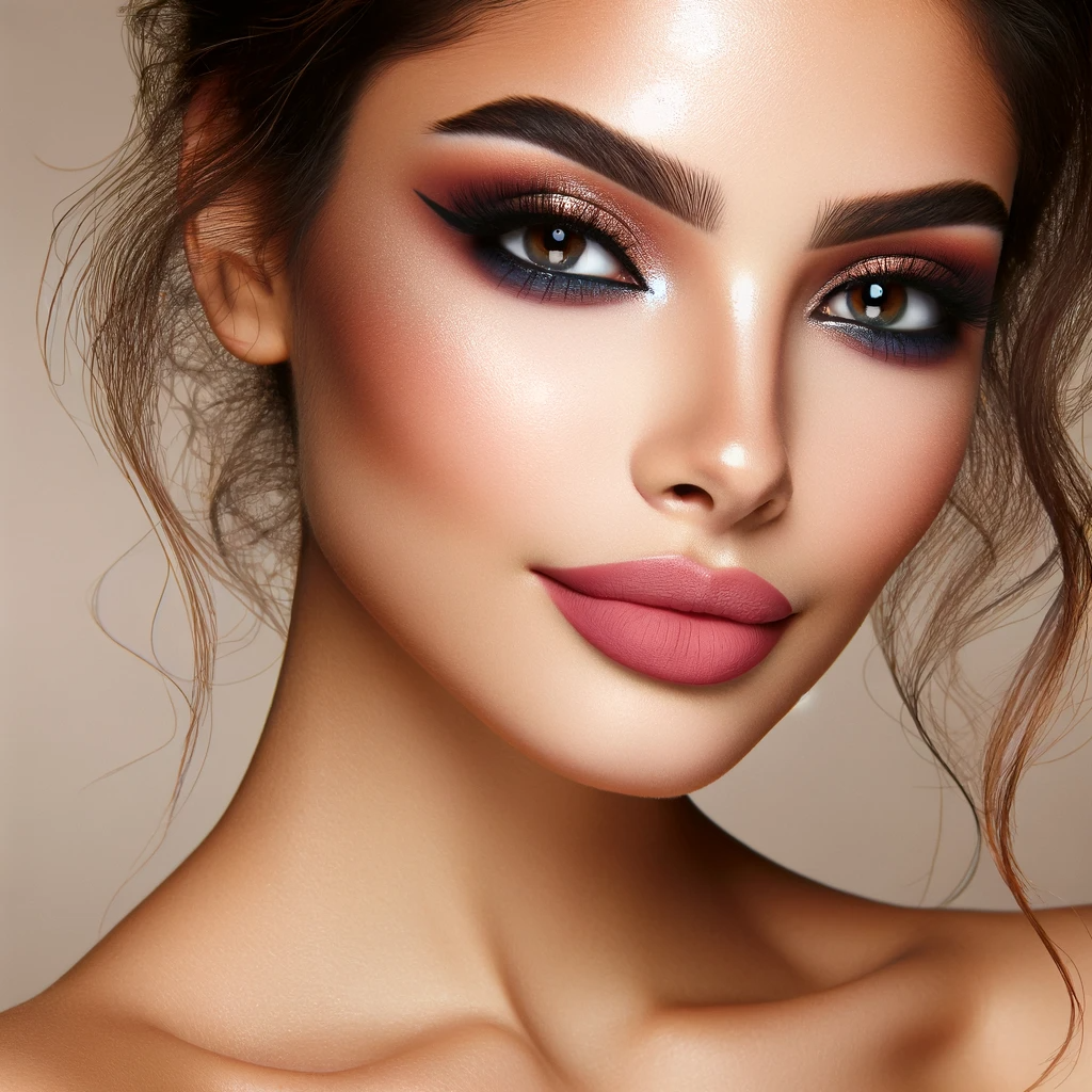 An image of a woman with beautiful artistically applied makeup. The woman should have a diverse ethnic appearance representing a blend of various cu