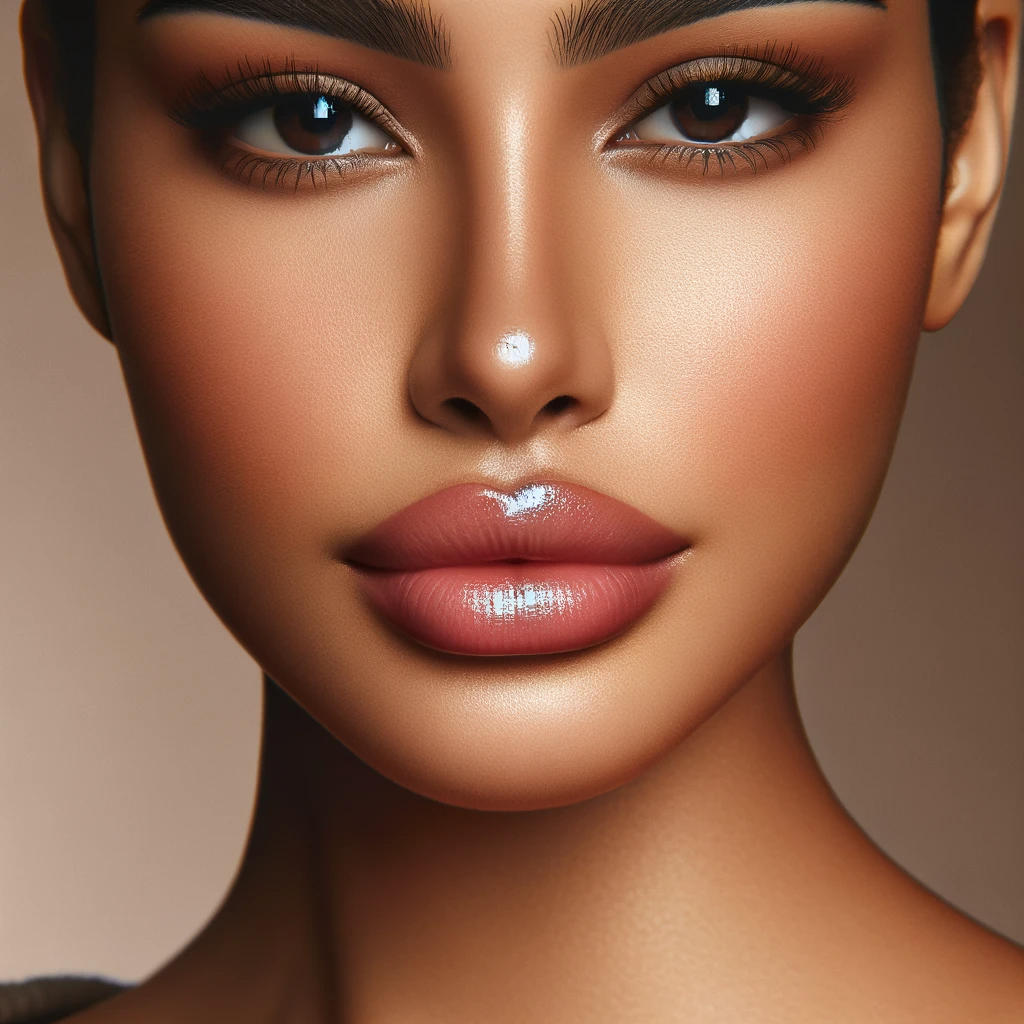 An image of a woman with stunningly beautiful lips. The woman should have a diverse ethnic appearance reflecting a blend of different cultures. Her l