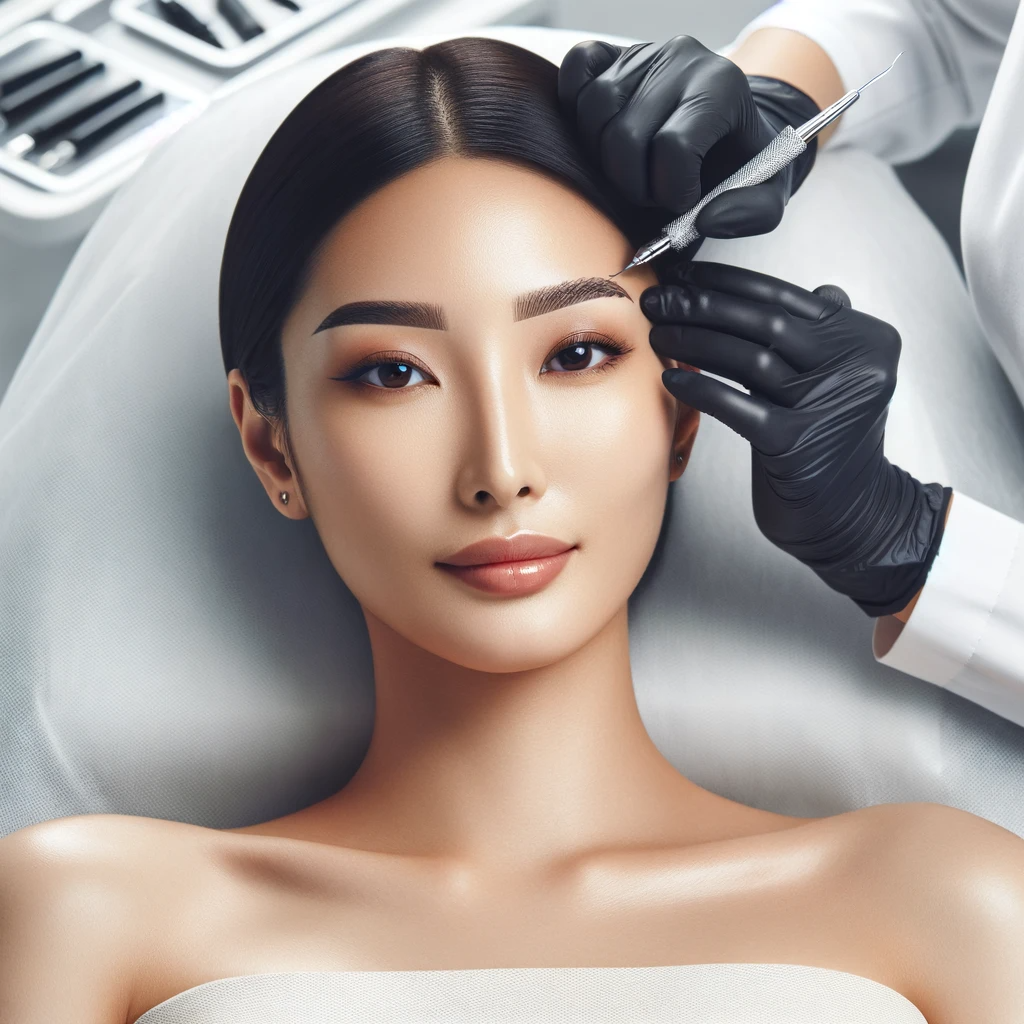 An image of an Asian woman undergoing a microblading procedure. The woman should appear relaxed and at ease sitting in a professional beauty salon. T