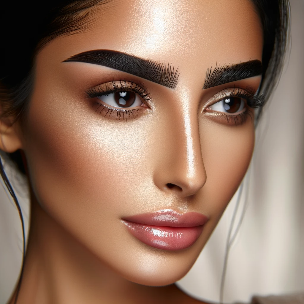 A close up image of a woman with microbladed eyebrows showcasing the result of a professional microblading treatment. The woman is of Middle Eastern