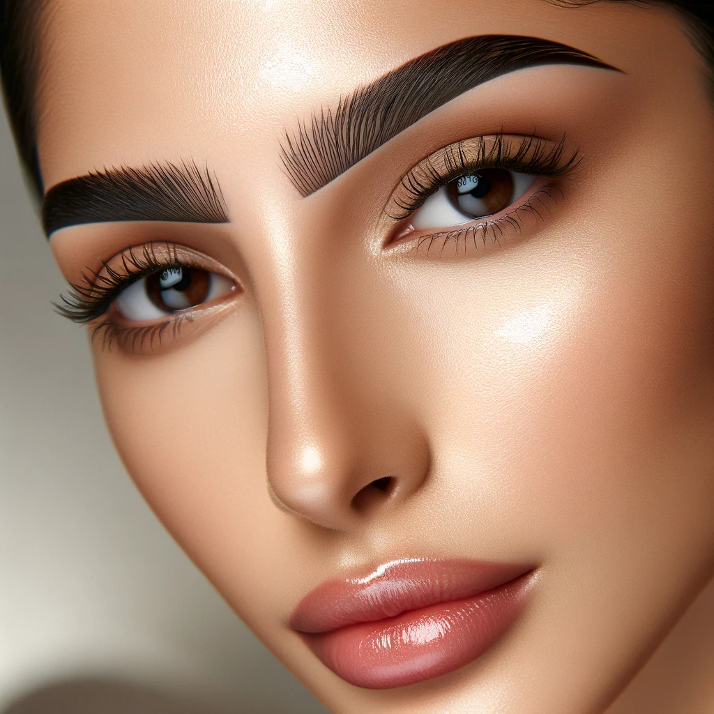 A close up image of a woman with microbladed eyebrows showcasing the result of a professional microblading treatment. The woman is of Middle Eastern 2