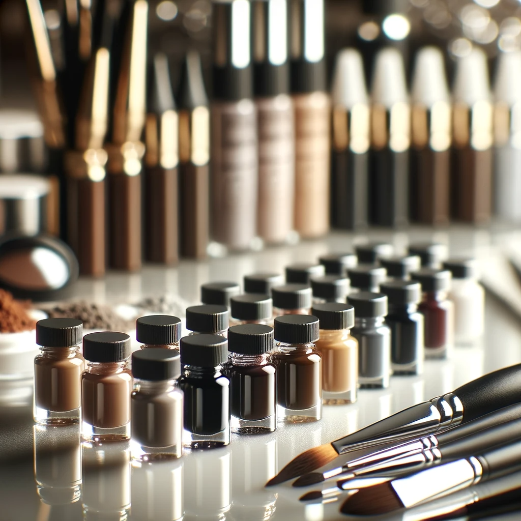 A close up image showcasing a selection of eyebrow pigments used in microblading and permanent makeup. The focus is on small elegant bottles of vario