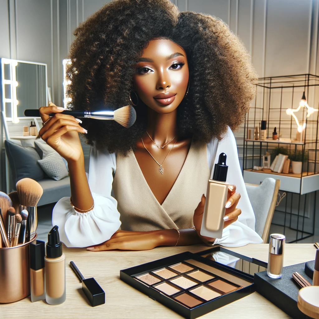 An image depicting a beauty blogger giving a review of Mary Kay Medium Coverage Foundation in Bronze 600. The blogger is an African American woman wit