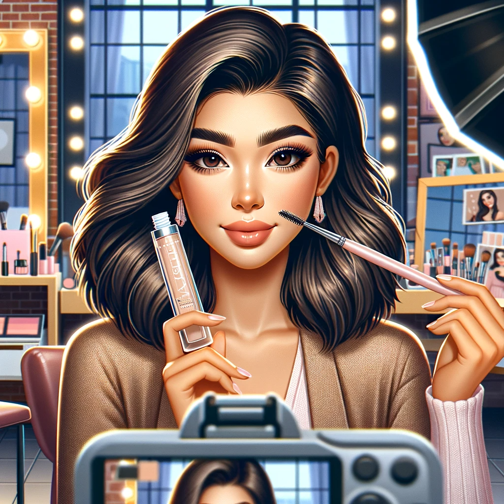 An image depicting a scene of a beauty influencer giving a review of LOreal Brow Gel. The influencer is a young South Asian woman with stylish shoul