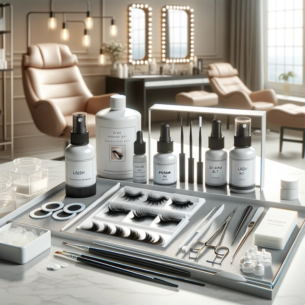 An image featuring a Lash Lift Kit Eyelash Perm Kit in a professional beauty salon setting. The focus is on the kits components such as perm solut