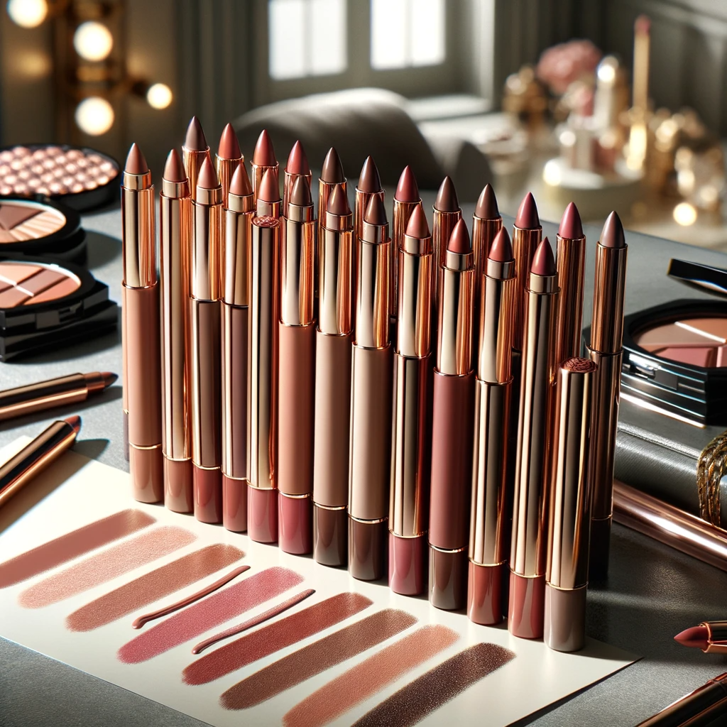An image focusing on a set of creamy lip liners displayed in a chic makeup environment. The lip liners are presented in various shades from nudes to