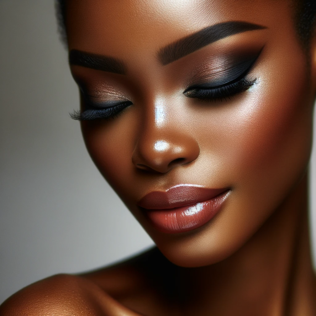 An image of a woman with a beautifully done makeup capturing a moment of elegance and style. The woman of African descent features a sophisticated