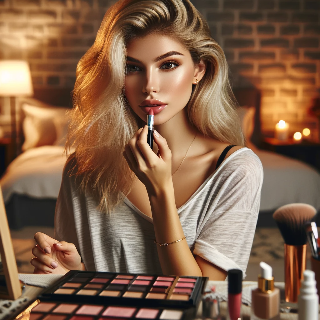 An image of a young white female applying makeup in a cozy well lit room. She has blonde hair styled in a casual manner and is focused on applying
