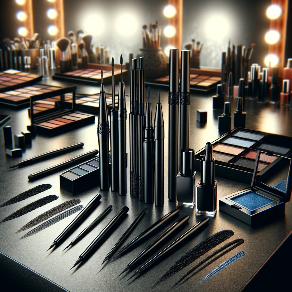 An image showcasing a variety of waterproof eyeliners in a professional makeup setting. The eyeliners are displayed in different forms including penc