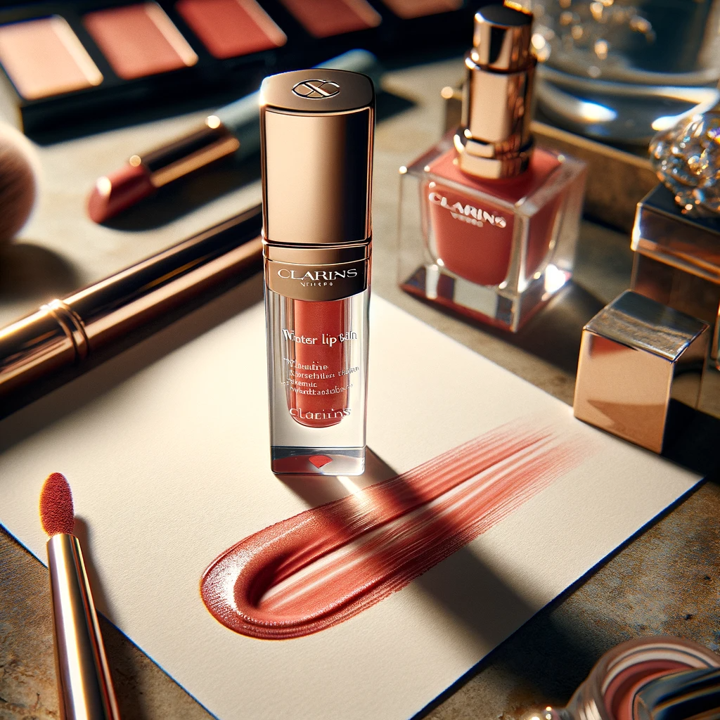 An image showcasing the Clarins Water Lip Stain set in a chic makeup setting. The focus is on a bottle of Clarins Water Lip Stain elegantly displaye