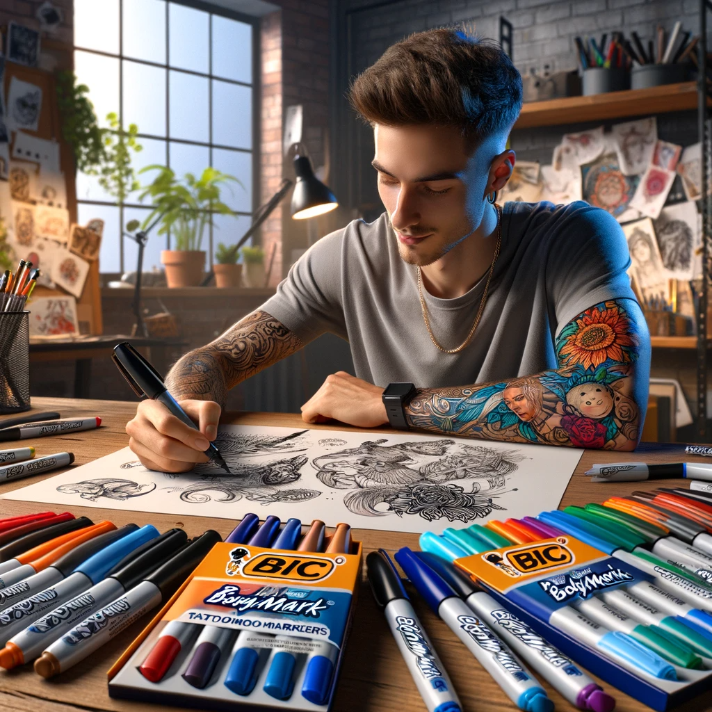 a scene of an artist giving a review of BIC BodyMark Tattoo Markers. The artist a young Caucasian male with short hair is sitting