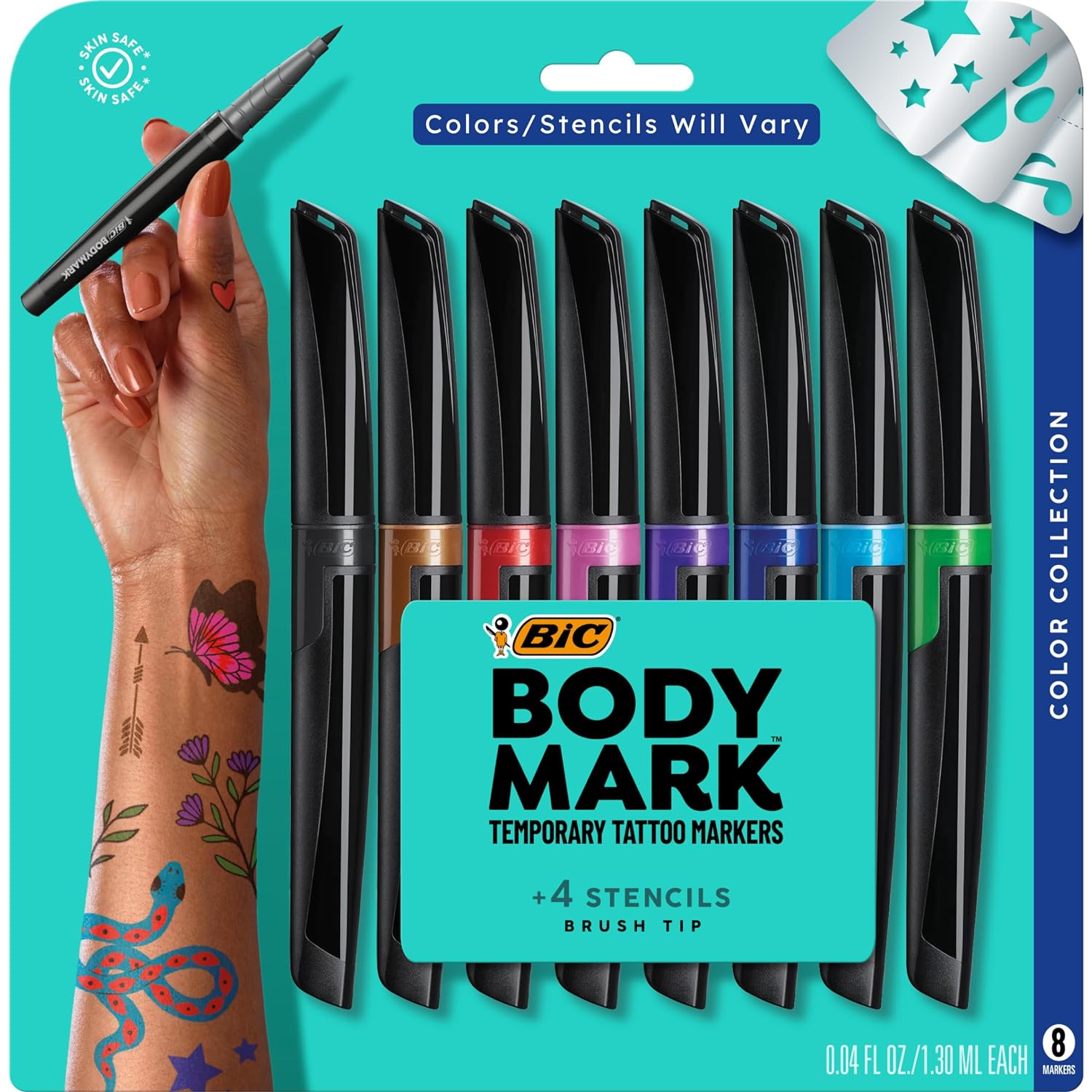 BIC BodyMark Temporary Tattoo Markers for Skin (MTBP81-AST), Color Collection, Flexible Brush Tip, Assorted Colors, Skin-Safe*, Cosmetic Quality 8-Count Pack