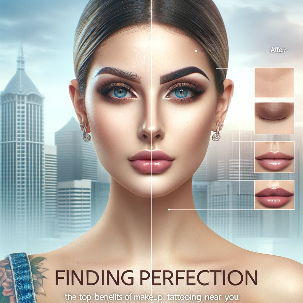 A focused and attractive image titled Finding Perfection The Top Benefits of Makeup Tattooing Near You centering on a single female subject. The i