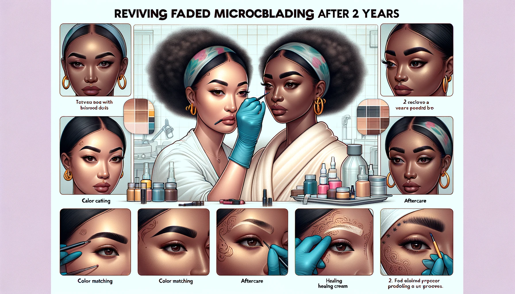 An educational and detailed illustration titled Reviving Faded Microblading After 2 Years A Practical Guide. The image is divided into several pane