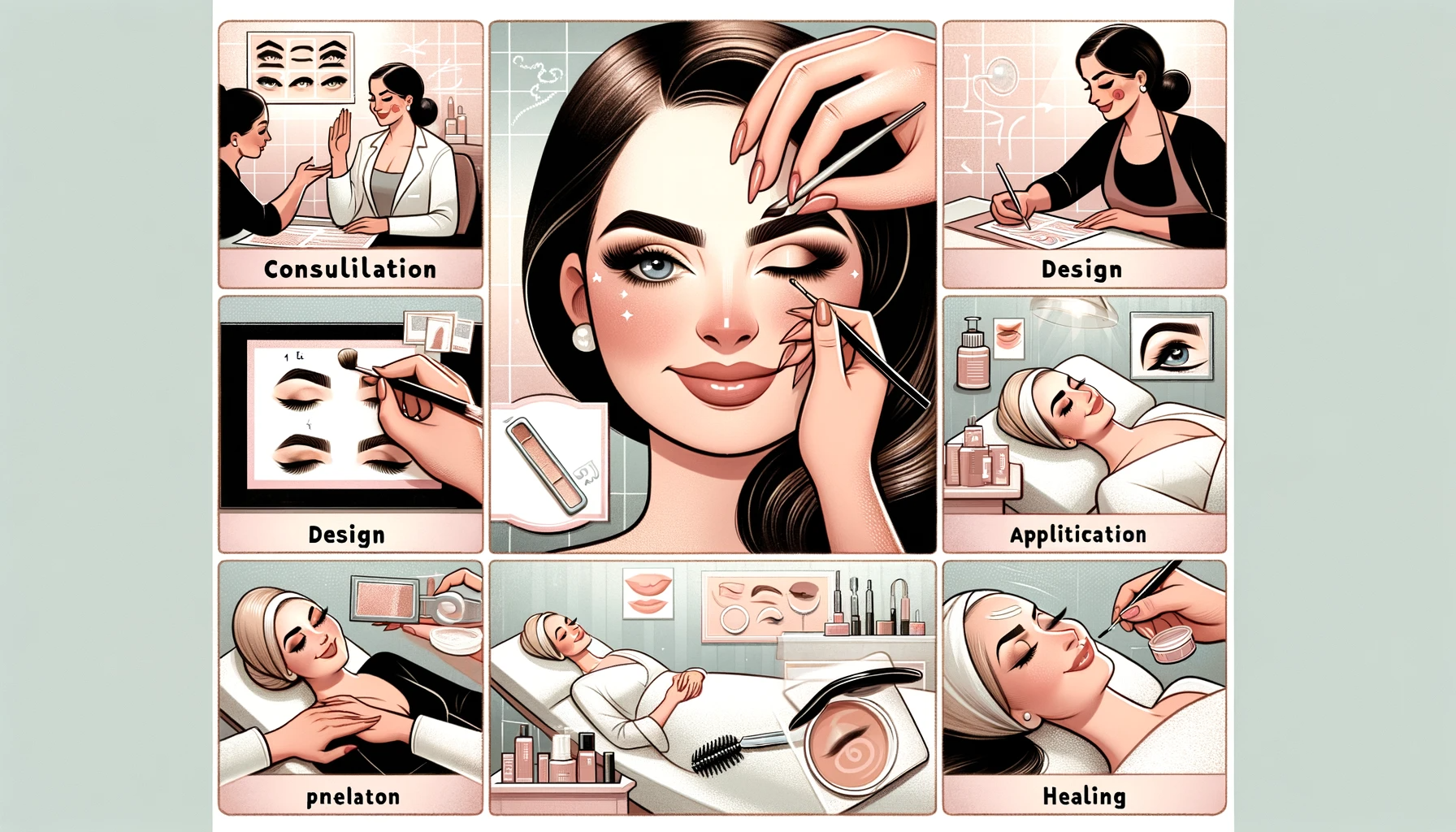 An educational and informative illustration depicting The Powder Brow Process A Step by Step Guide from Consultation to Completion. The image is di