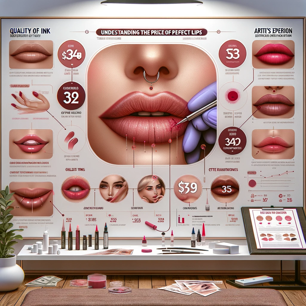 An educational and visually engaging image titled Lip Tattooing Cost Demystified Understanding the Price of Perfect Lips. The image depicts a detai