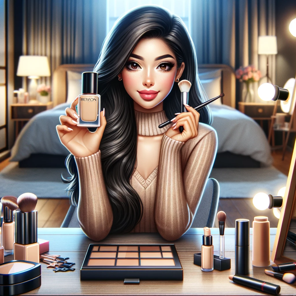 An image depicting a scene of a beauty blogger giving a review of Revlon foundation. The blogger is a young Hispanic woman with long dark hair sitti