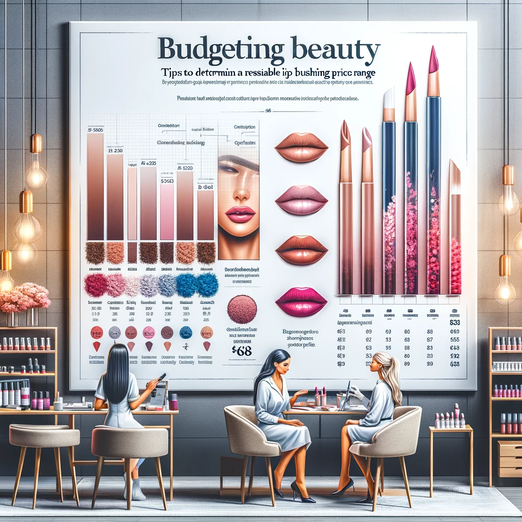 An informative and visually appealing image titled Budgeting Beauty Tips to Determine a Reasonable Lip Blushing Price Range. The image features a m