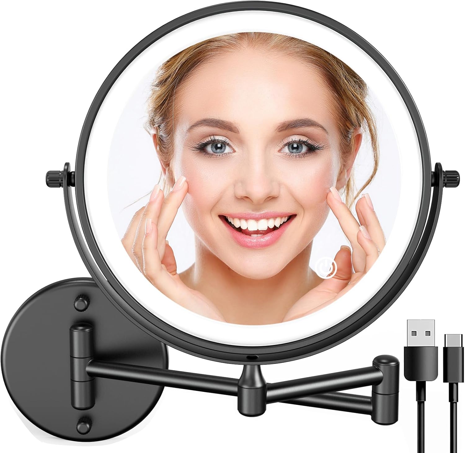 rechargeable wall mounted lighted makeup mirror 8 inch double sided led vanity mirror 1x 10x magnification 3 color light