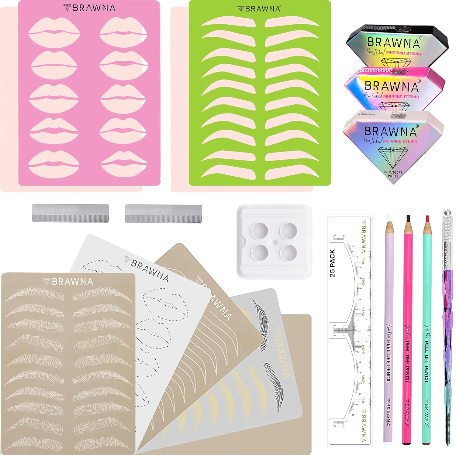 brawna microblading kit for professionals and beginners 25 pcs brow ruler stickers 7 pcs pmu practice skins 3 mapping st