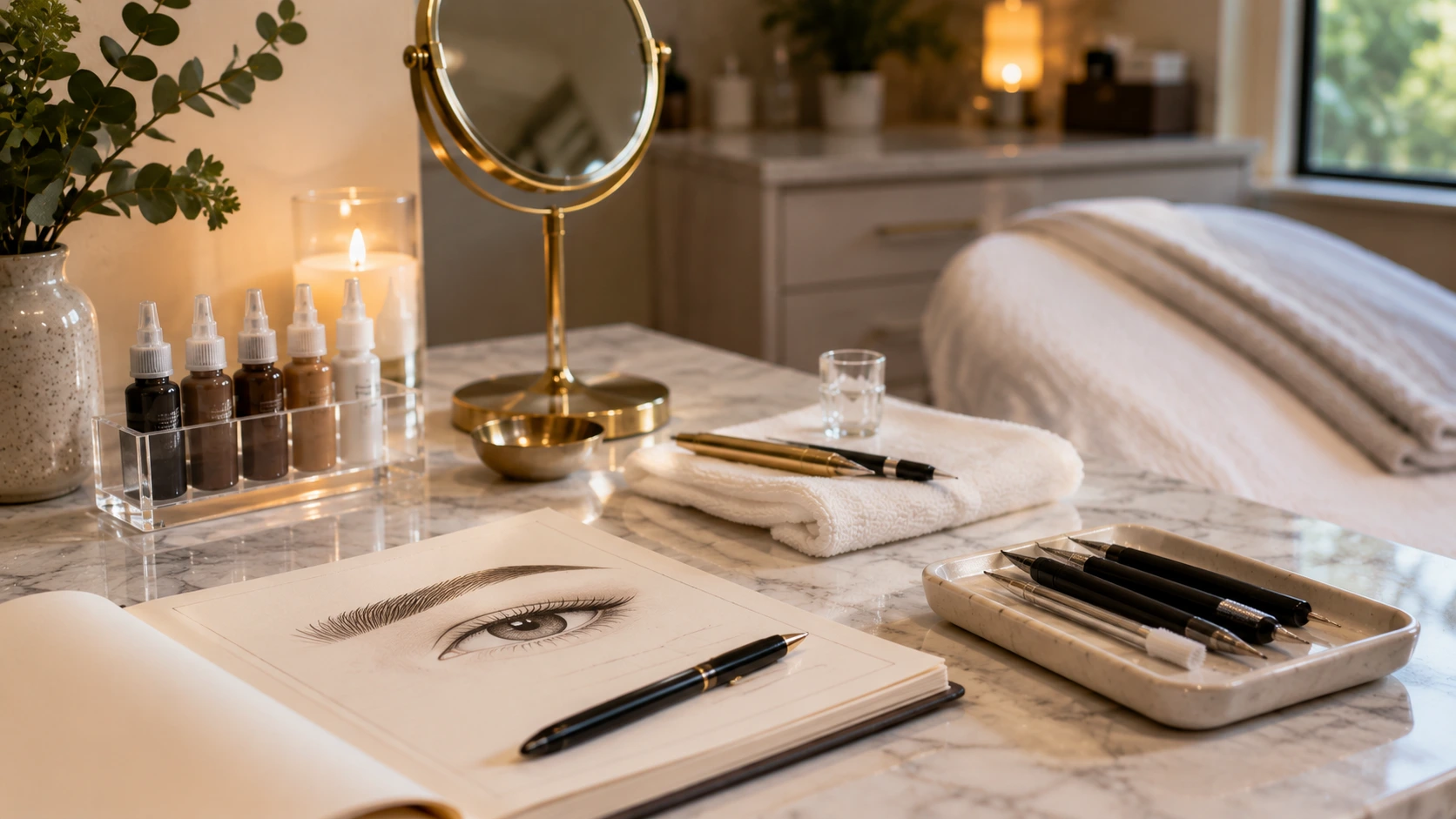 Permanent makeup studio setup with eyebrow design sketch, pigment bottles, mapping tools, and treatment bed.