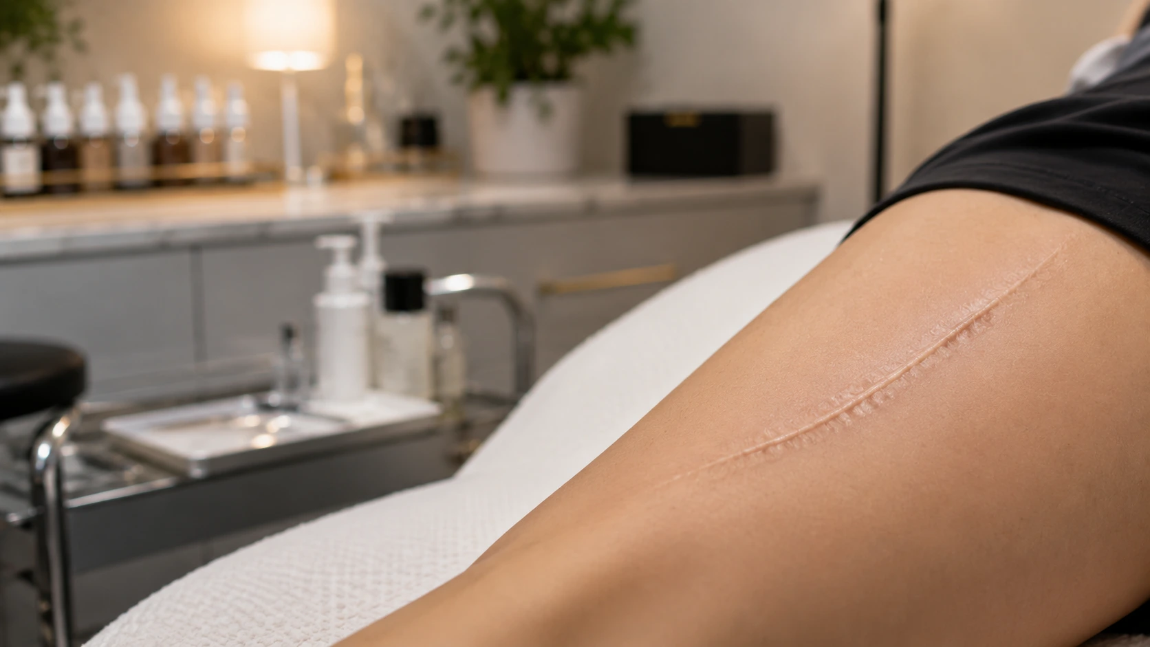 Scar camouflage treatment image showing a healed linear scar on the upper arm in a professional cosmetic clinic.