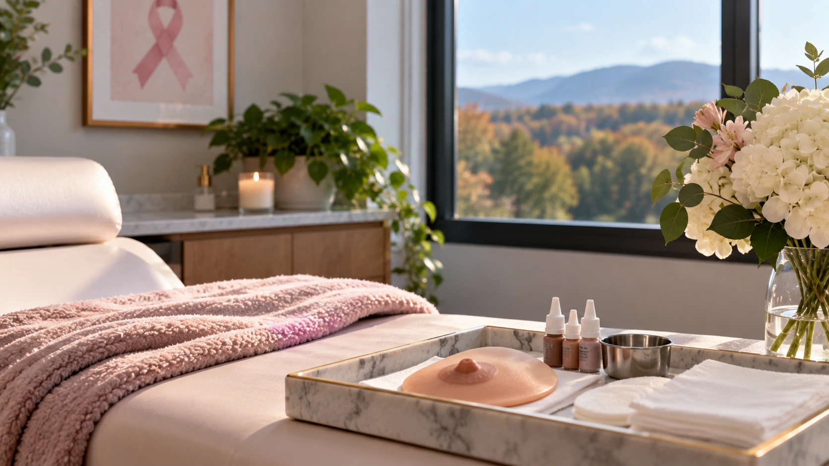3D areola tattooing supplies arranged in a private treatment room with a breast model and pigment bottles.