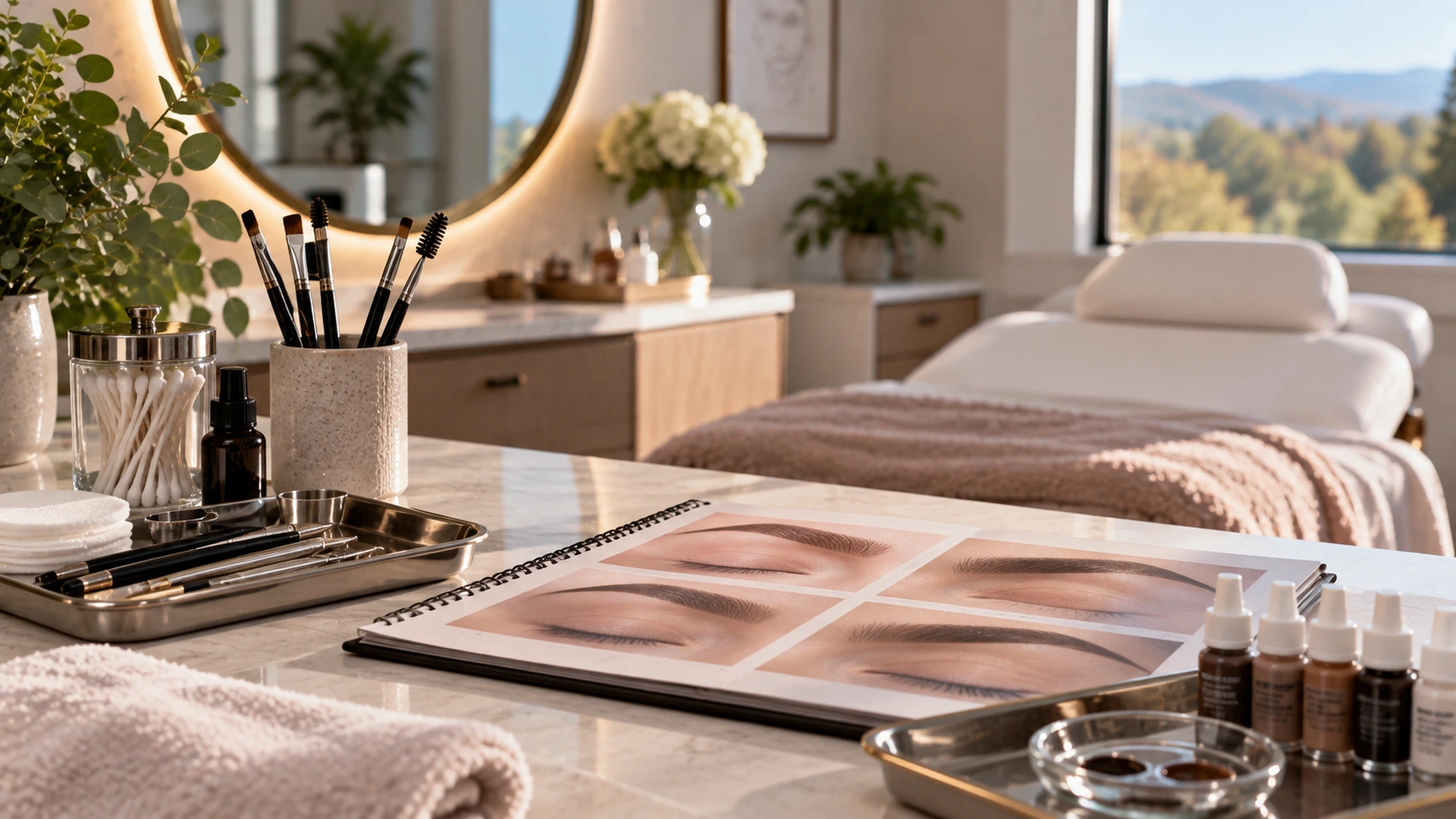 Ombre powder brow and microblading examples displayed with brow tools and pigments in a cosmetic studio.