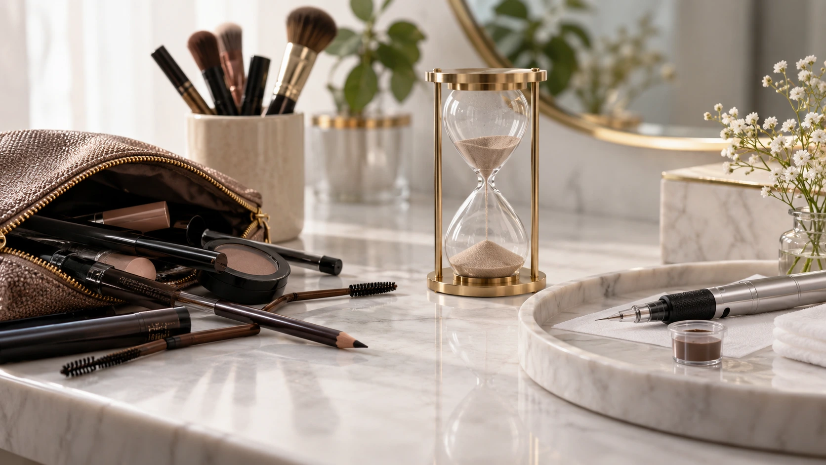 Permanent makeup tools beside traditional cosmetics and an hourglass representing time-saving beauty options.