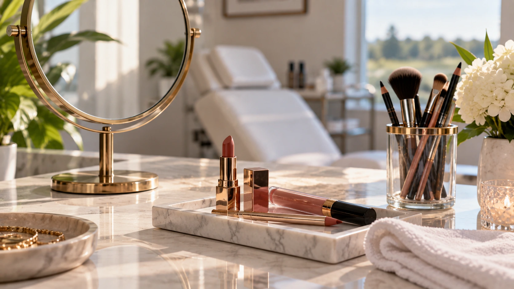 Lipstick, lip liner, and makeup brushes arranged beside a mirror in a bright cosmetic treatment studio.